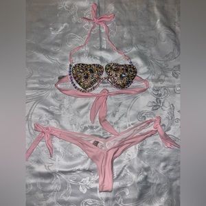 Pink Heart Rhinestone 2 piece swimsuit